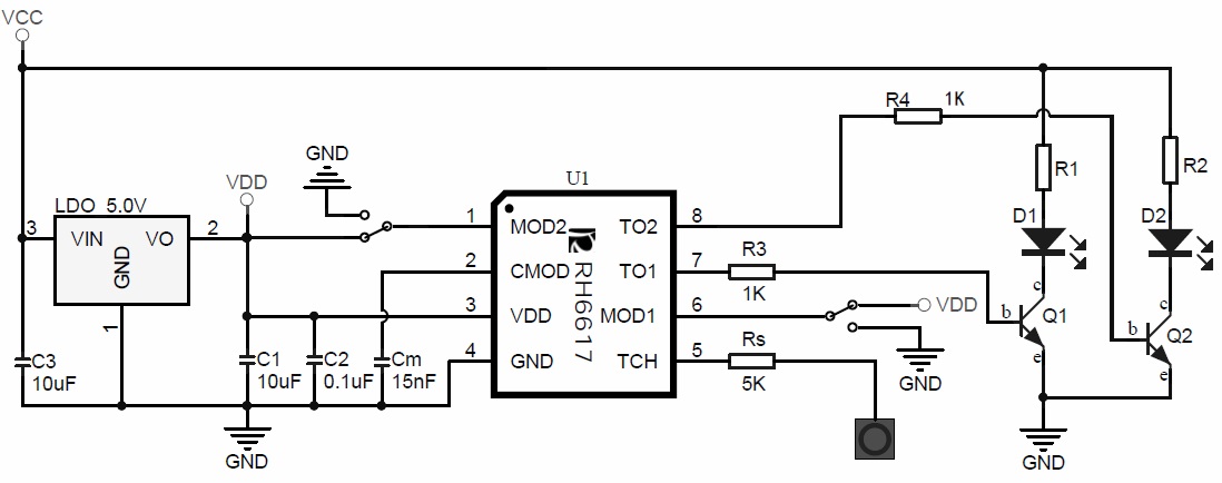 RH6616觸摸按鍵,觸摸按鍵IC,觸摸IC應(yīng)用電路